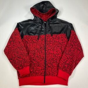BTL‎ Mens Elephant Print Full Zip Hoodie Red Black Faux Leather Accents Size M